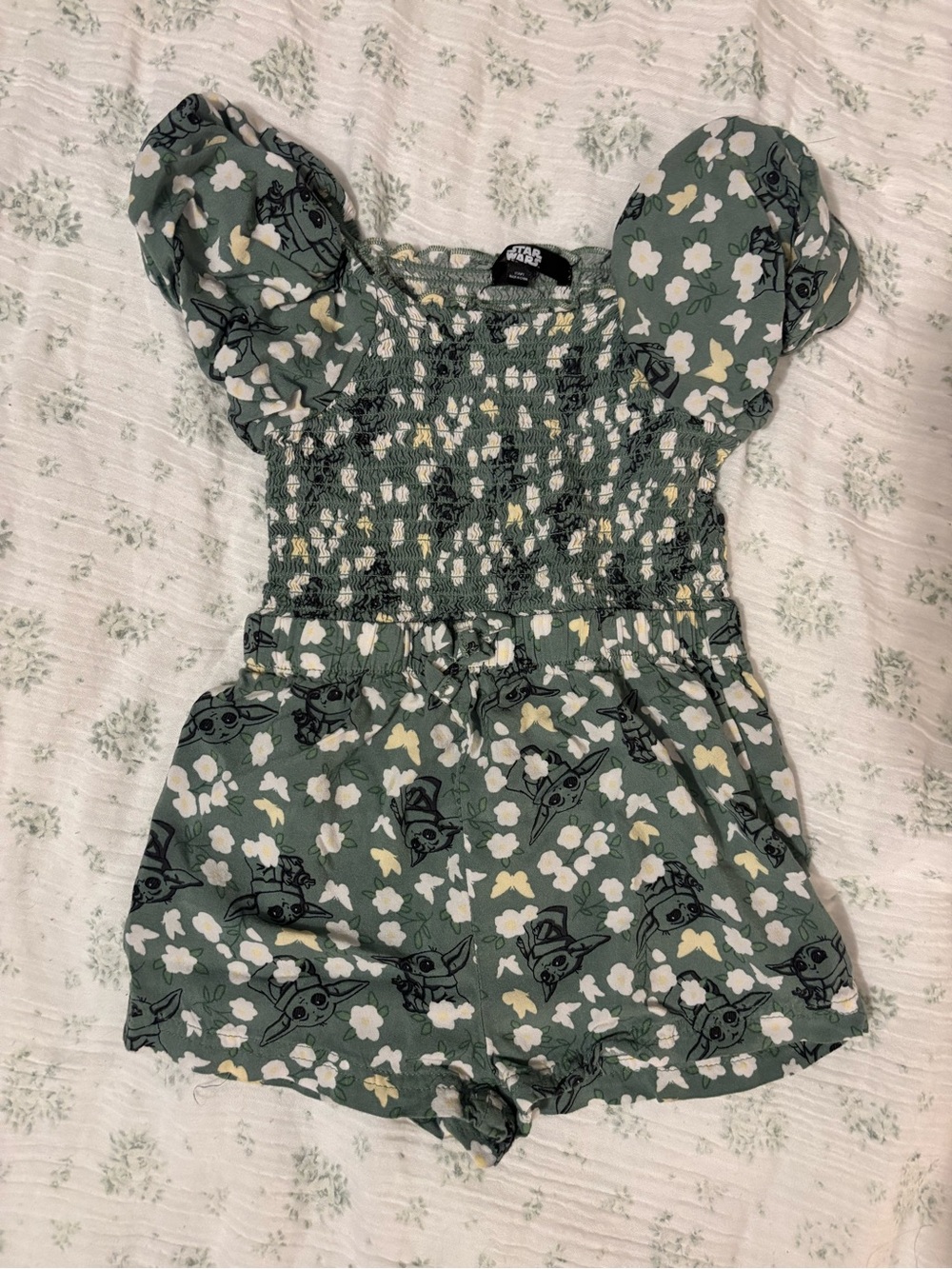 Star Wars Green Floral The Child Romper with Puff Sleeves